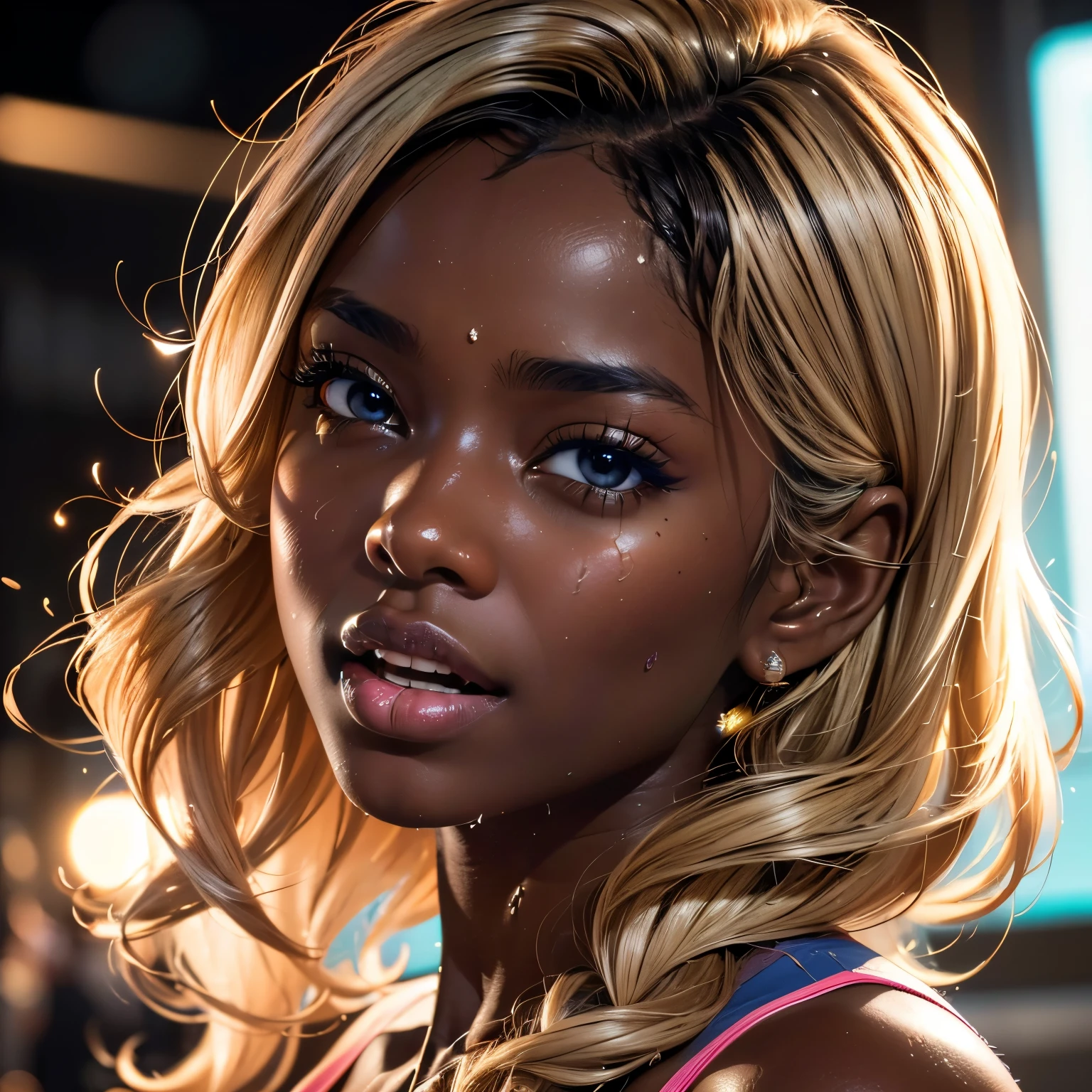 1girl, in laboratory, (18 years old), (dark skin), dark skin, wide shot, long wavy hair, blond hair, orgasm, (floral sun dress), (Masterpiece, Professional lighting, 16k, 8k wallpaper, raw photo, photo realistic:1.8, ultra detailed, natural lighting, detailed skin sexy pose, open mouth, big lips, night time, magic energy, neon light, orgasm, soaked, sweating, crying, screaming, action, cleavage
