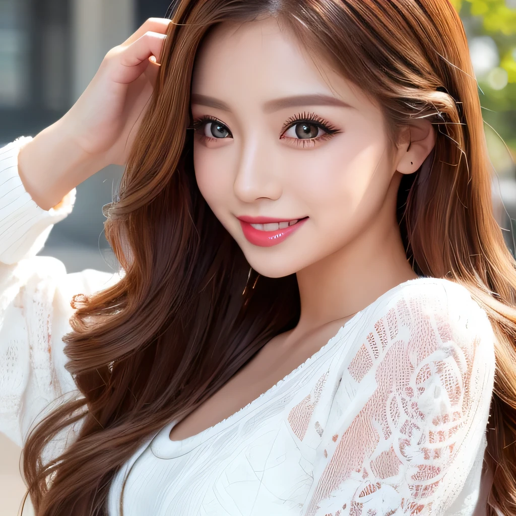 ((highest quality, Tabletop, Ultra-high resolution、The most complex and detailed depiction))、(Very bright lighting:1.1)、(Spring-like clothes)、(Beautiful woman:1.1)、(Long Wavy Hair:1.05), (Accurate anatomy:1.1)、Color Contact Lenses、Perfect Makeup、、lipstick、Highly saturated eyeshadow、Cute one-piece figure、blurred background, look at me and smile、Fine dining、(Face close-up:1.1)、(Ultra-high resolution gloss, Fair skin:1.1)、Ultra-high resolutionの顔、Ultra-high resolutionの髪、Ultra-high resolution sparkling eyes、Ultra-high resolution glossy lips、(Brightly lit white skin:1.1)、Beautiful face drawn in every detail、Ultra-high resolution perfect beautiful teeth、(bright and vivid:1.1), whole body