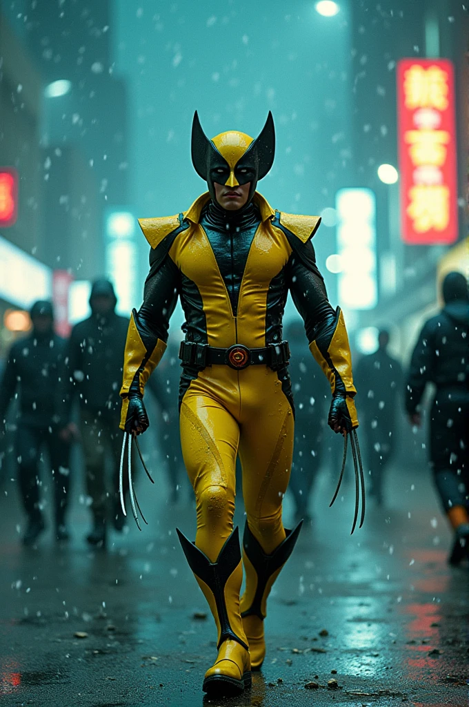 Criar umas imagens  
Actor asian Akira kaneda's wolverine as wolverine Year 2099s from X-Men's filmed by ZackSnyder, wolverine dress traje semi rasgado , fighting against thugs X-men Full body , traje rasgado semi Pearl yellow black neon-infused psicodélic fragments splash Snowflakes X-shaped stripes raytracing  fashion Week , variant angles, captured with award-winning photography technique, cinematic, dark environment, bokeh, grainy, urban-xmen setting, blurry, IMAx, filmed with Kodak portrait 400, 200mm, f2.8, high resolution, teal filter.Adicione efeitos com chuva, e. Novas cores e trajes diferente em cenas imagens feita,  