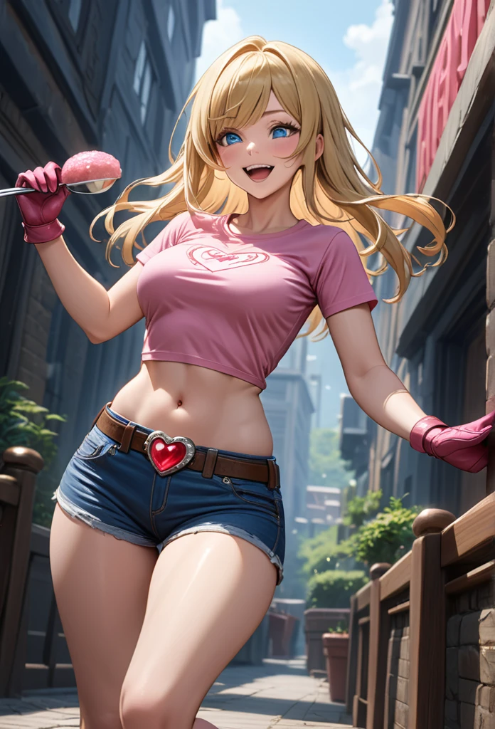 A adult woman, tall body, (shoulder-length hair, blonde, side bangs), blue eyes, medium chest, pink crop scoop neck tight t-shirt, expose midriff and navel,  blue leather low-rise shorts, brown leather belt with a Ruby heart belt buckle, pink small gloves, pink small high heel boots, laugh, hd detailed 