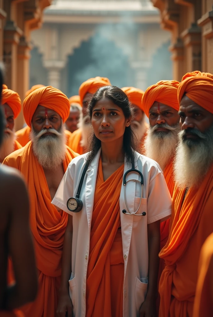 An Indian doctor girl with crying face  gathering by many Hindu male  pandit, taking a realistic photo