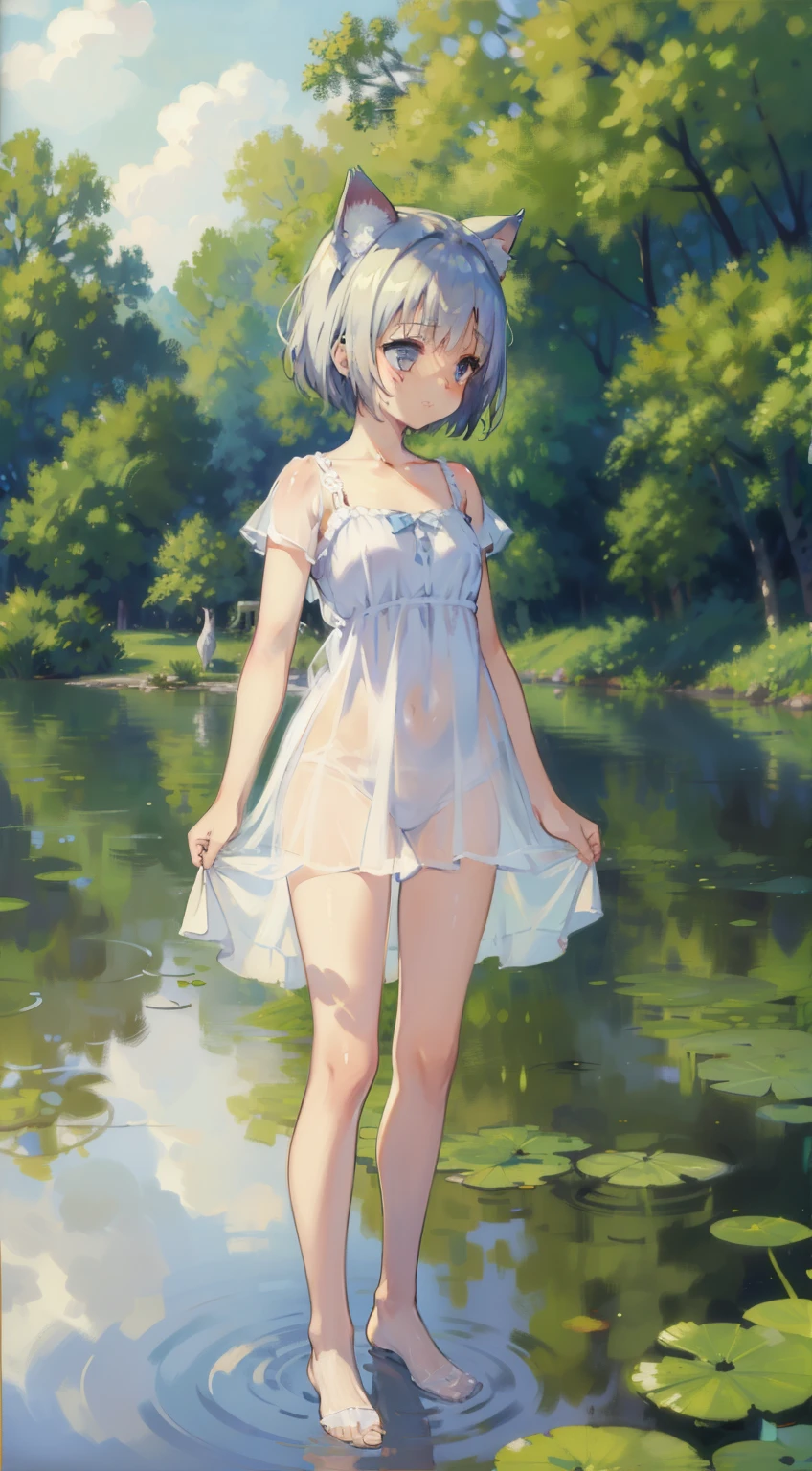 In Claude Monet style, Impressionism, 1girl, upper body focus, (white sheer camisole dress), 14 year old, full body Esbian, short silver hair, pond, wet, ((curtsey)), cat ear, nipples through, see-through, perfect quality