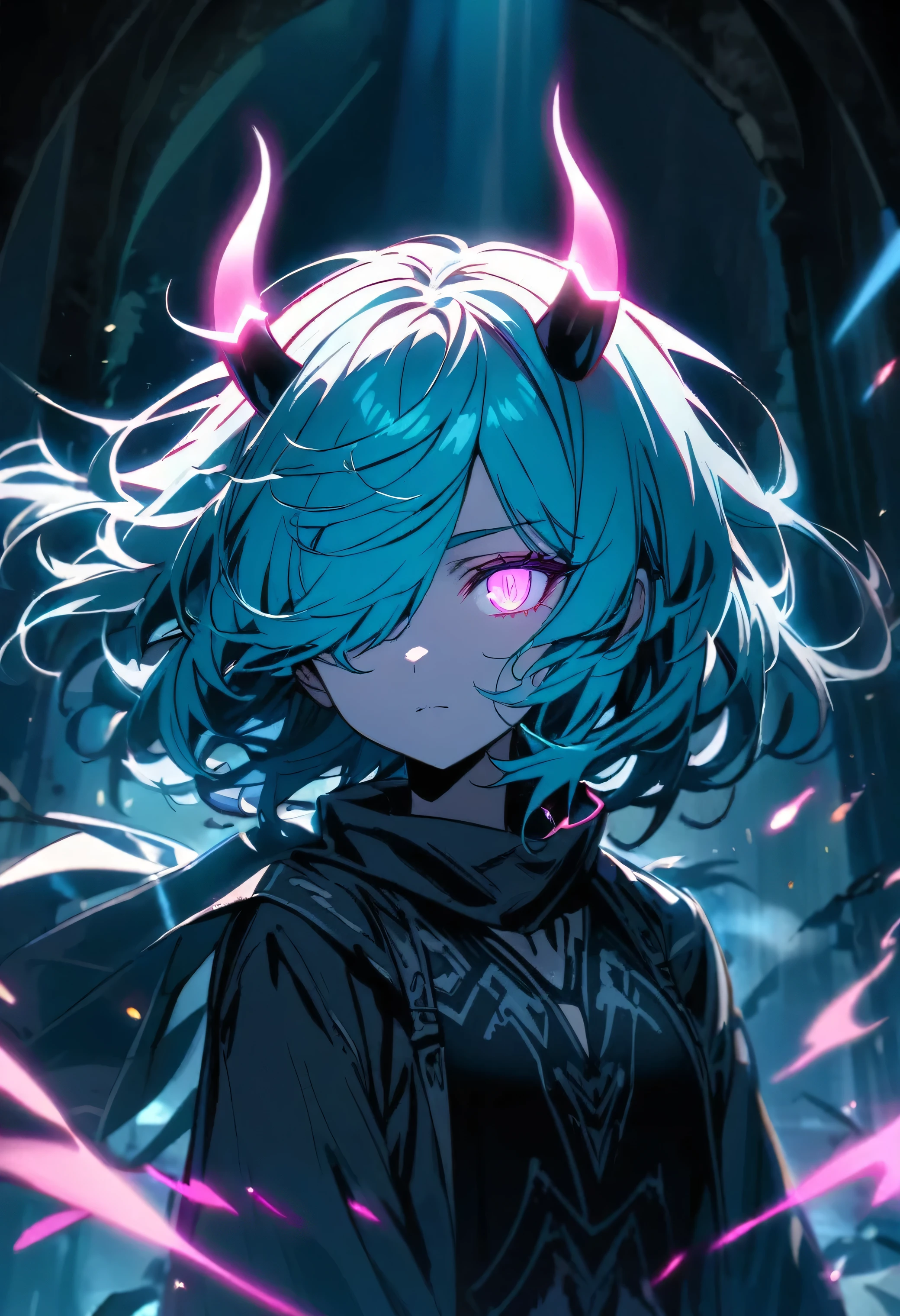 Cyan hair, cyan eyes, hair over one eye, dark setting, light show, glowing eyes, (small demon horns, glowing horns, ethereal horns, energy horns)