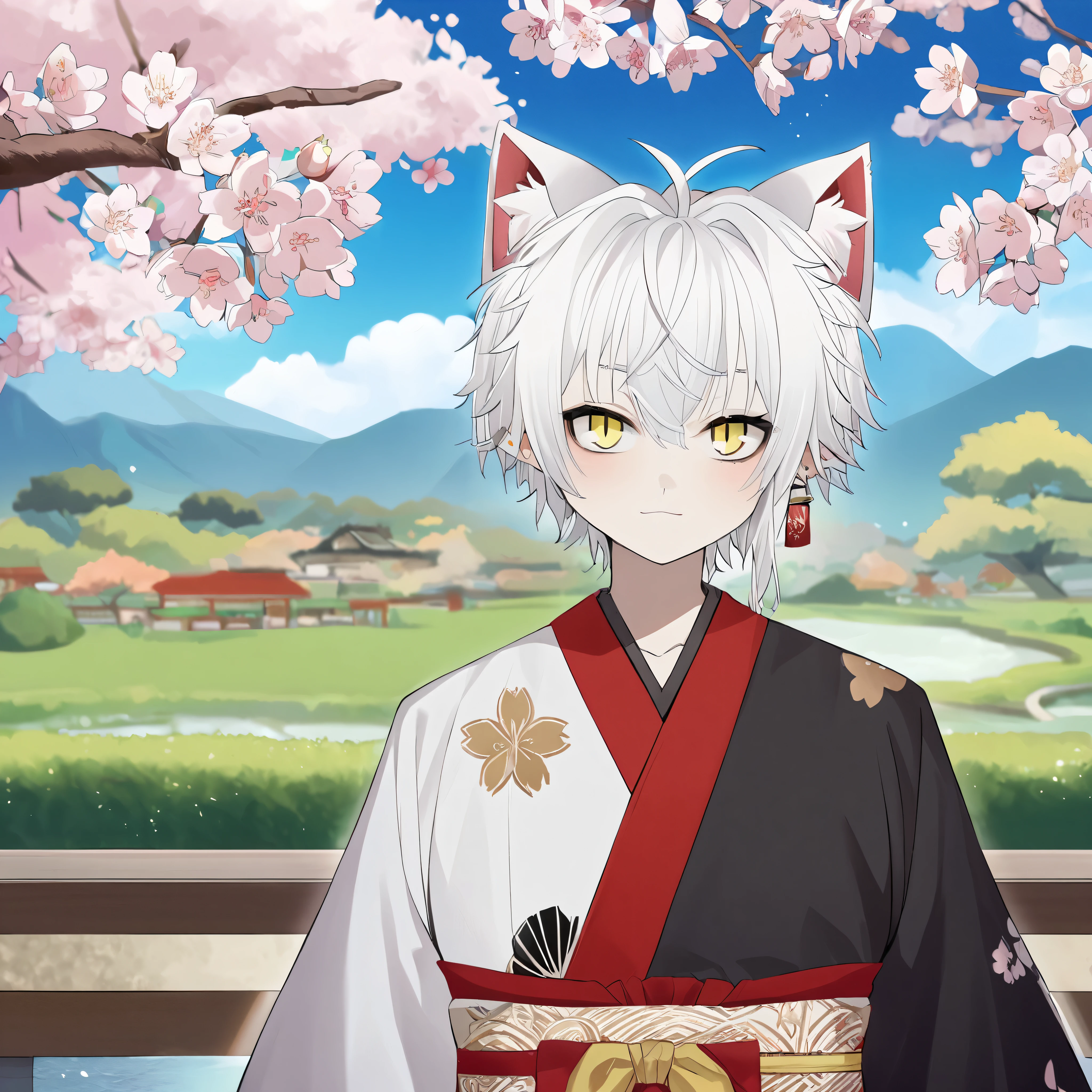 1 boy,cat_boy,18 years old,cat ears,white hair,yellow eyes,slit pupils,ahoge,messy hair,short hair,The interior of the wide white cat ears is red and has white fur,red sash earring,long hair by right ear,(((split color kimono))),((red lapel)),black left side and white right side kimono,cherry blossoms,fantasy style,cherry tree,daytime,spring,ancient japan