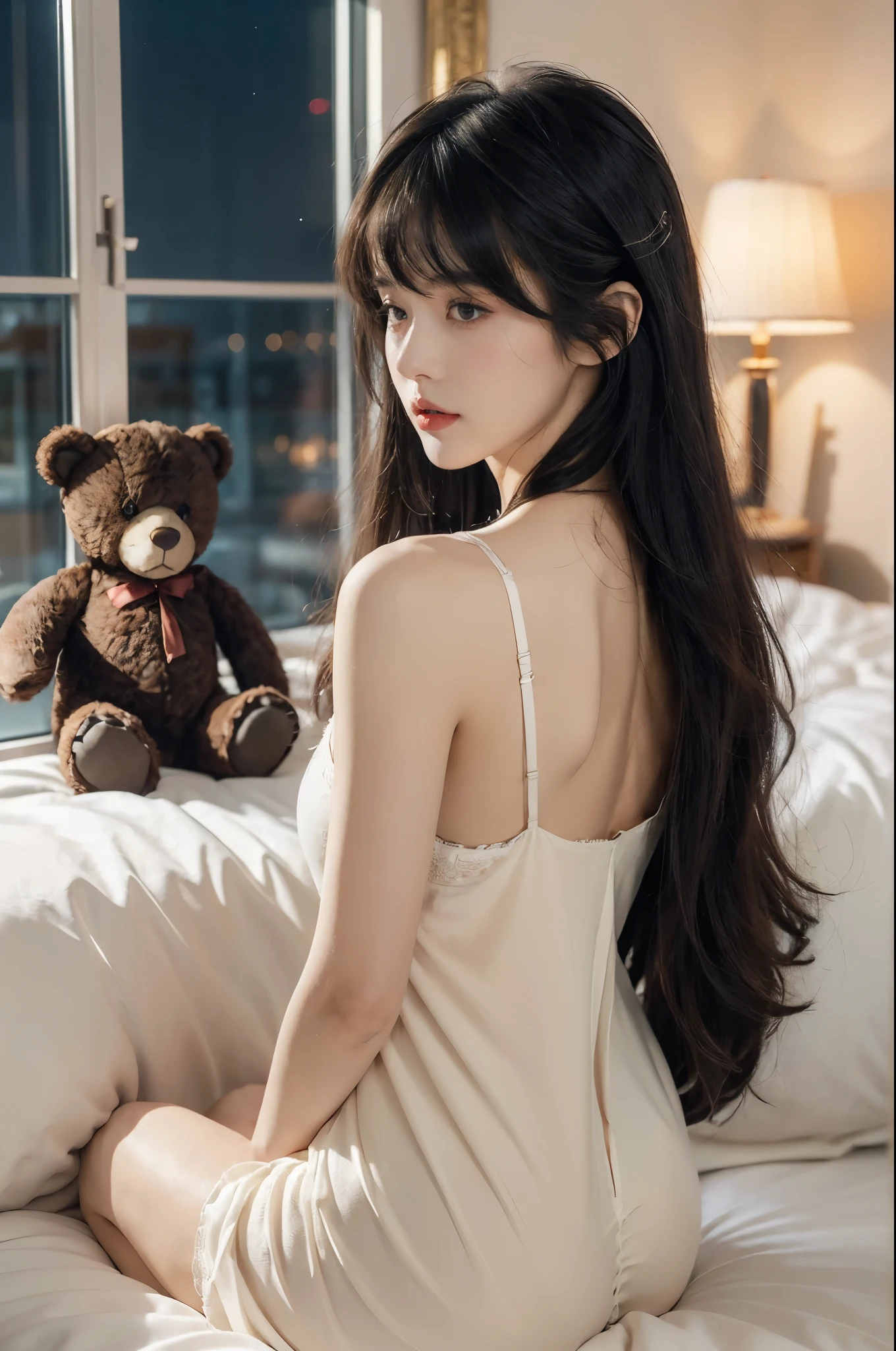 (((best quality))),(((ultra detailed))),(((masterpiece))),illustration,((1 beautiful girl,solo)),(((straight black hair,thick bangs))),(round face:1.5),((slim,thin)),((bare back,towering hips,butt crack)),(sitting:1.3),(in bedroom:1.3),(night scene:1.3),(on bed:1.3),(flowing nightgown:1.3), hair cascading, perfectly made bed, nightlight, ethereal hue, colorful posters, youthful spirit,(beside a teddy bear:1.3), protectiveness, contemplation,detailed eyes, otherworldly shimmer,red lips parted, speaking,peaceful, serene, sleepy atmosphere,comfort, safety, solitude, reflection, innocence, simple pleasures, comforts, chaos of life, snapshot,((from back,upper body))