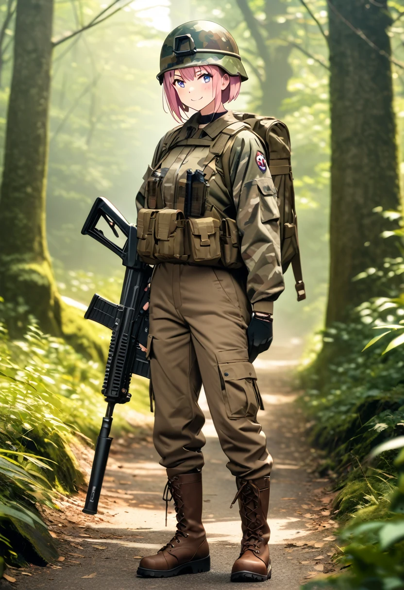 (Highest quality, 4K, 8k, High resolution, masterpiece:1.2), Very detailed, Picturesque, Anime style photo, Photo Anime:1.37)、Japanese、(Pink hair)、(pixie cut)、smile、Black choker、forest、Camouflage jacket、Camouflage 、(Camouflage helmet)、Lace-up boots、Assault Rifle、Full body photography、Nakano Ichika