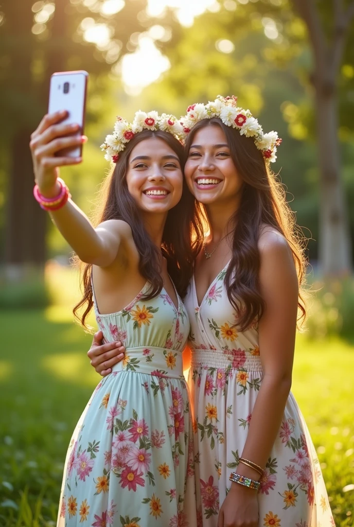 2 teenagers in summer dresses taking a selfie with their smartphone