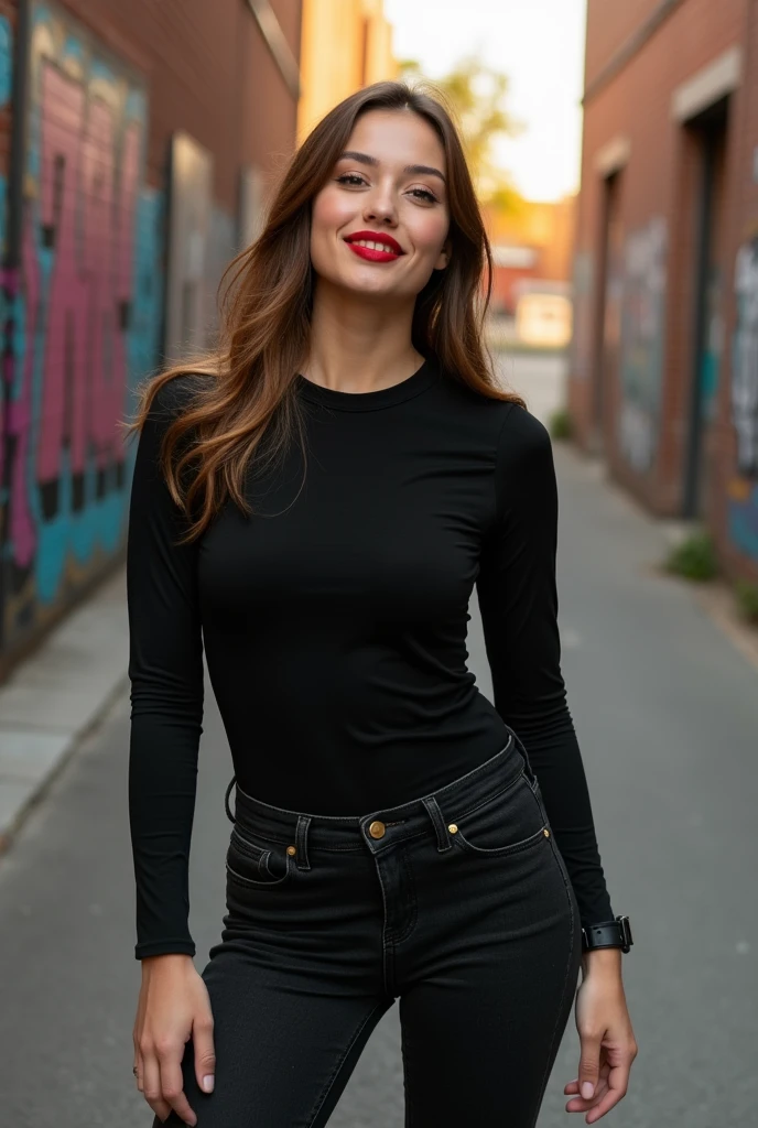 Girl wearing black t-shirt with full sleeves with black jeans and red lips 
