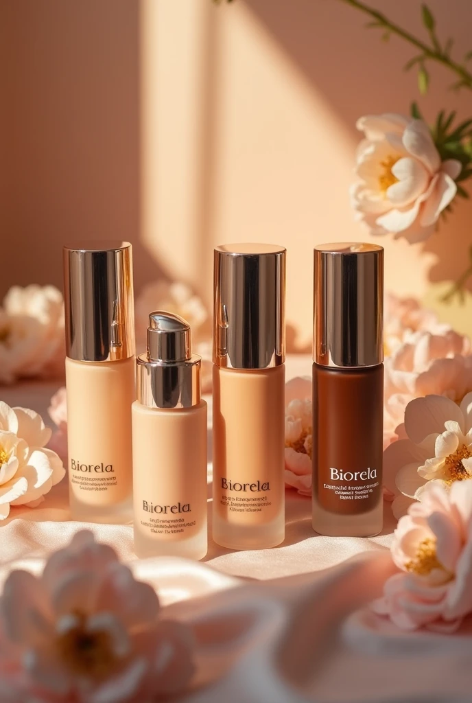 Now create various shades of foundation, for all skin types, bases Extremely beautifuls, with beautiful colors, Create an extremely beautiful format for the bases, with the brand name biorela, Extremely beautiful, and with different skin tones