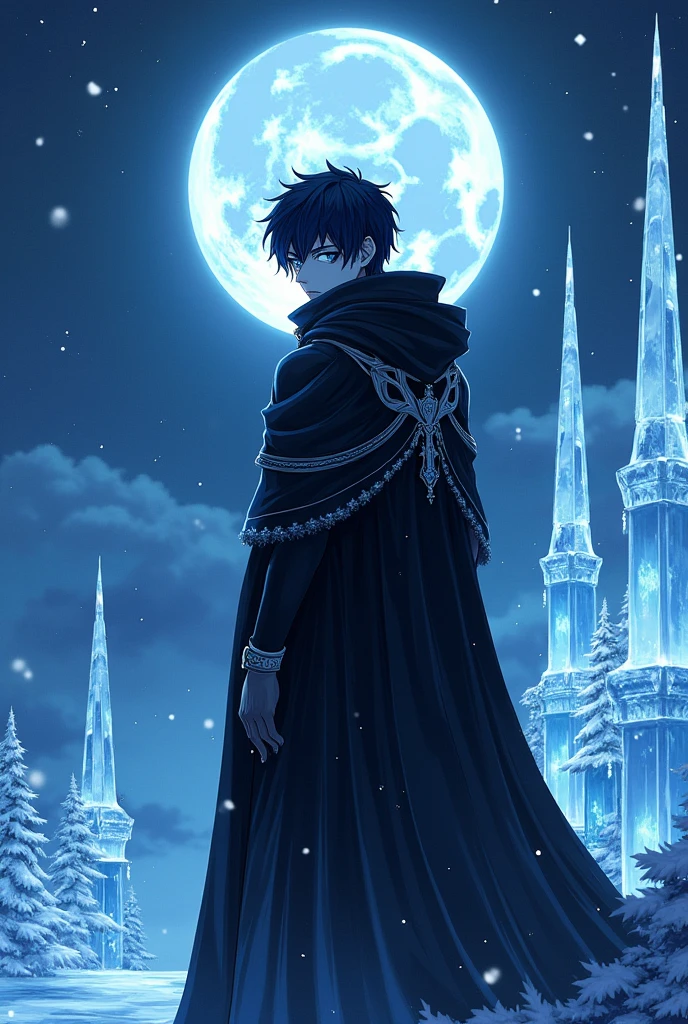 Shadowhina Tobio from Haikyuu as the prince of the ice kingdom wearing black clothes and a hood 