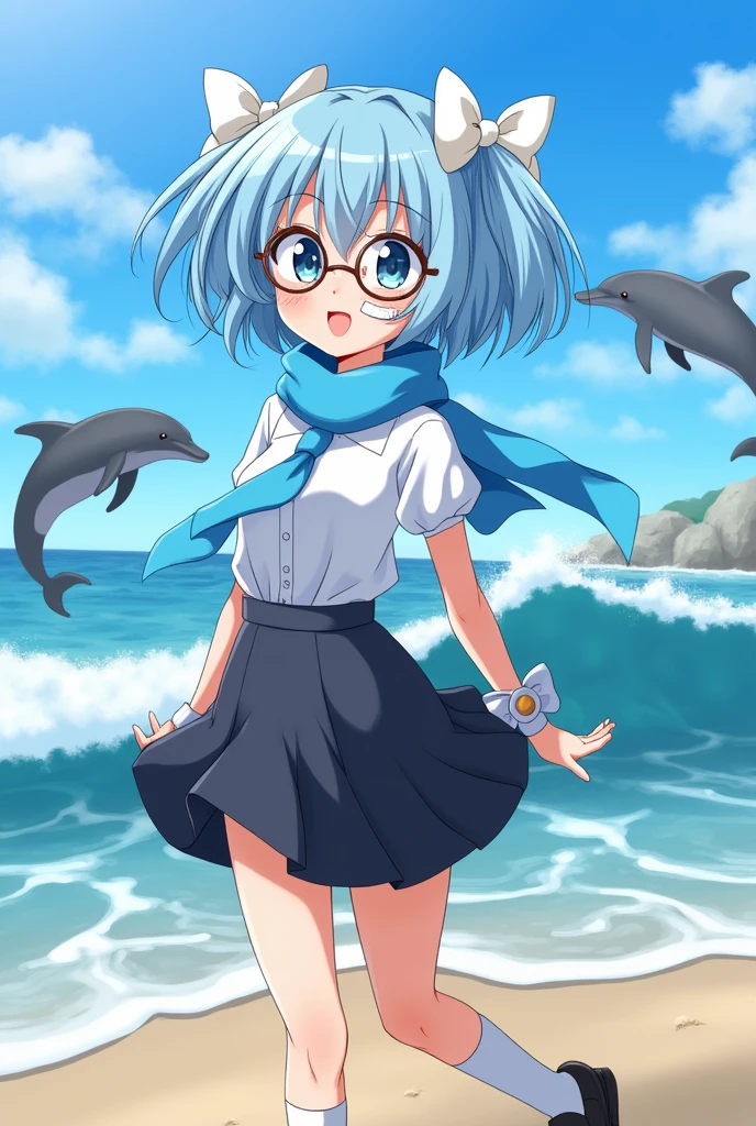 Anime character blue hair, bandage on the nose, glasses, short light blue hair, short pigtails, dolphin tail, white blouse with blue tie, blue scarf on the neck, black skirt, black shoes, white socks with light blue bows 