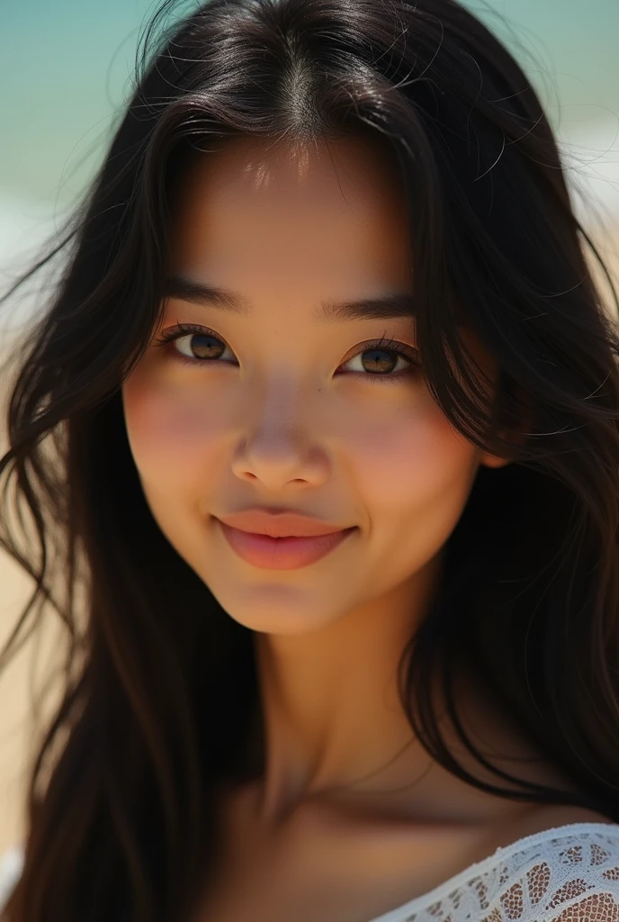 Her hair is cut in bangs and she looks like a light Yoruk woman, and her face has a light Yoruk skin.. She has thin eyebrows. Her nose is straight, the area under her eyes is tanned. Her skin is white but close to tan. A moderately beautiful woman with long black hair and brown eyes, with few visible eyelashes, a distance between her eyebrows and eyelashes, swollen lips when she smiles, and lines at the corners of her mouth.