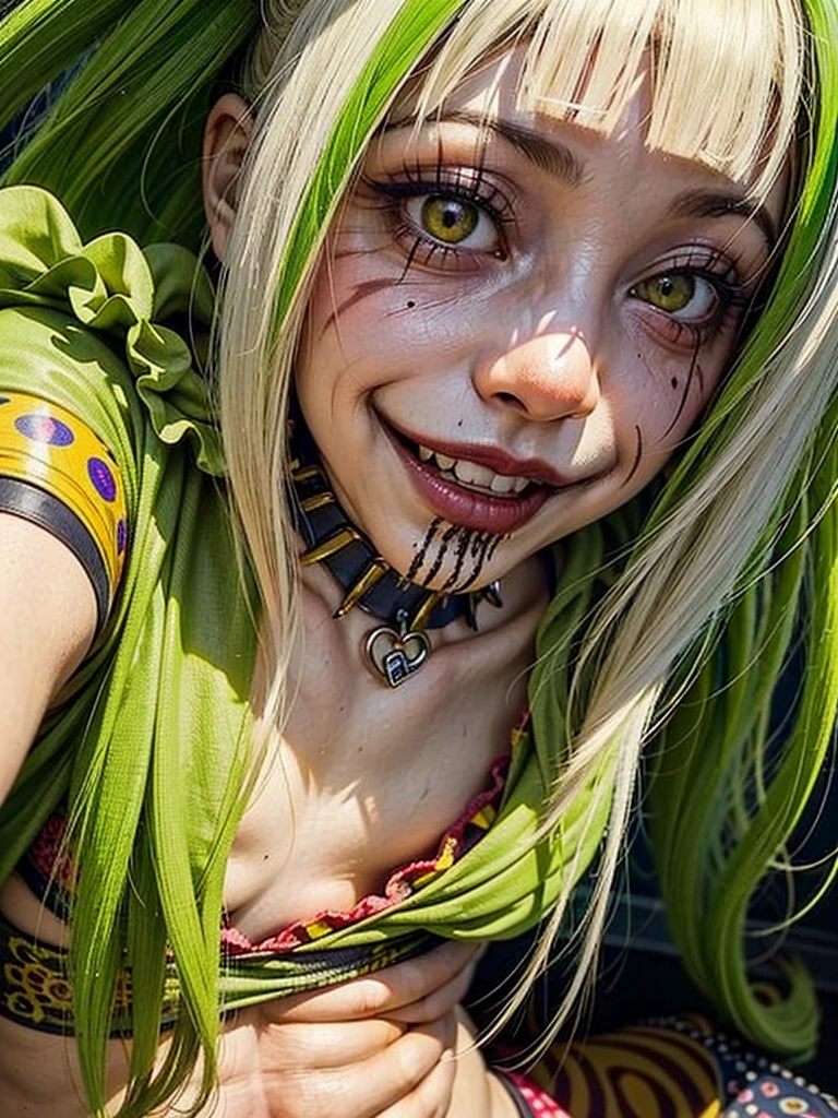 Gruesome and spooky details、An atmosphere full of suspense and tension、Psychological horror、Cute Smile、Clowns and circus atmosphere、A terrifying moment、Psychedelic dream scenario、Alice in Wonderland、Enthusiastic atmosphere、Mischievous Smile、Expressive gestures、Comical movement、Rainbow Hair、Leopard print underwear,sexy,Small bra and panties、