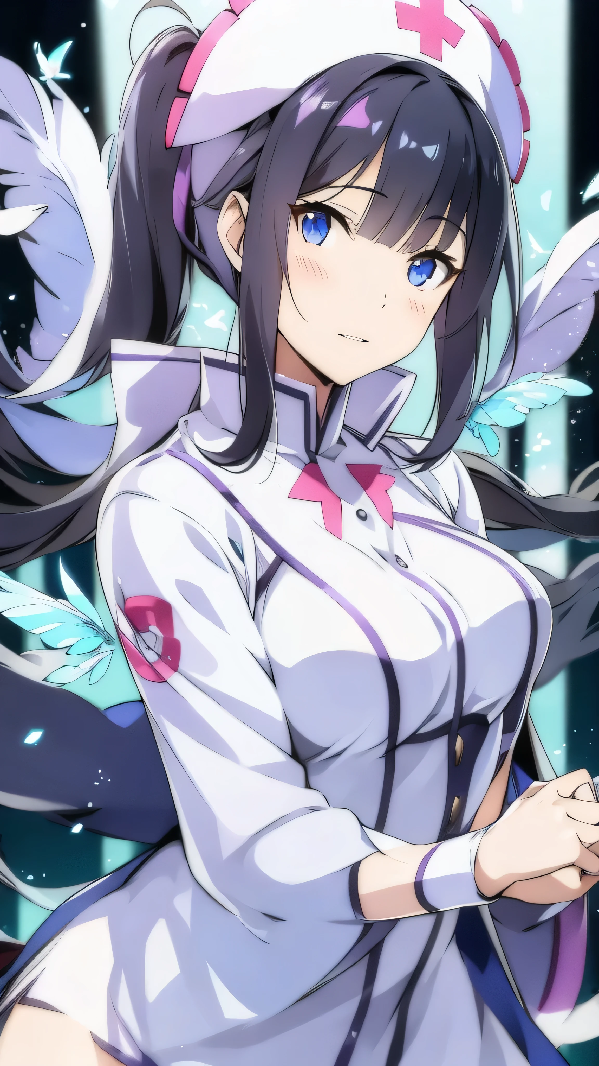 ((Highest quality, 8k, The pieces fly: 1.3)), beauty, One Japan, nurse, whole body, Perfect Anatomy, Are standing, Black Hair, Blunt bangs, Low ponytail, 20-year-old, Face Focus, Detailed face, Highly detailed lips, Beautiful Eyes, Sweaty skin: 1.2, nurse uniform, Light blue dress, nurse