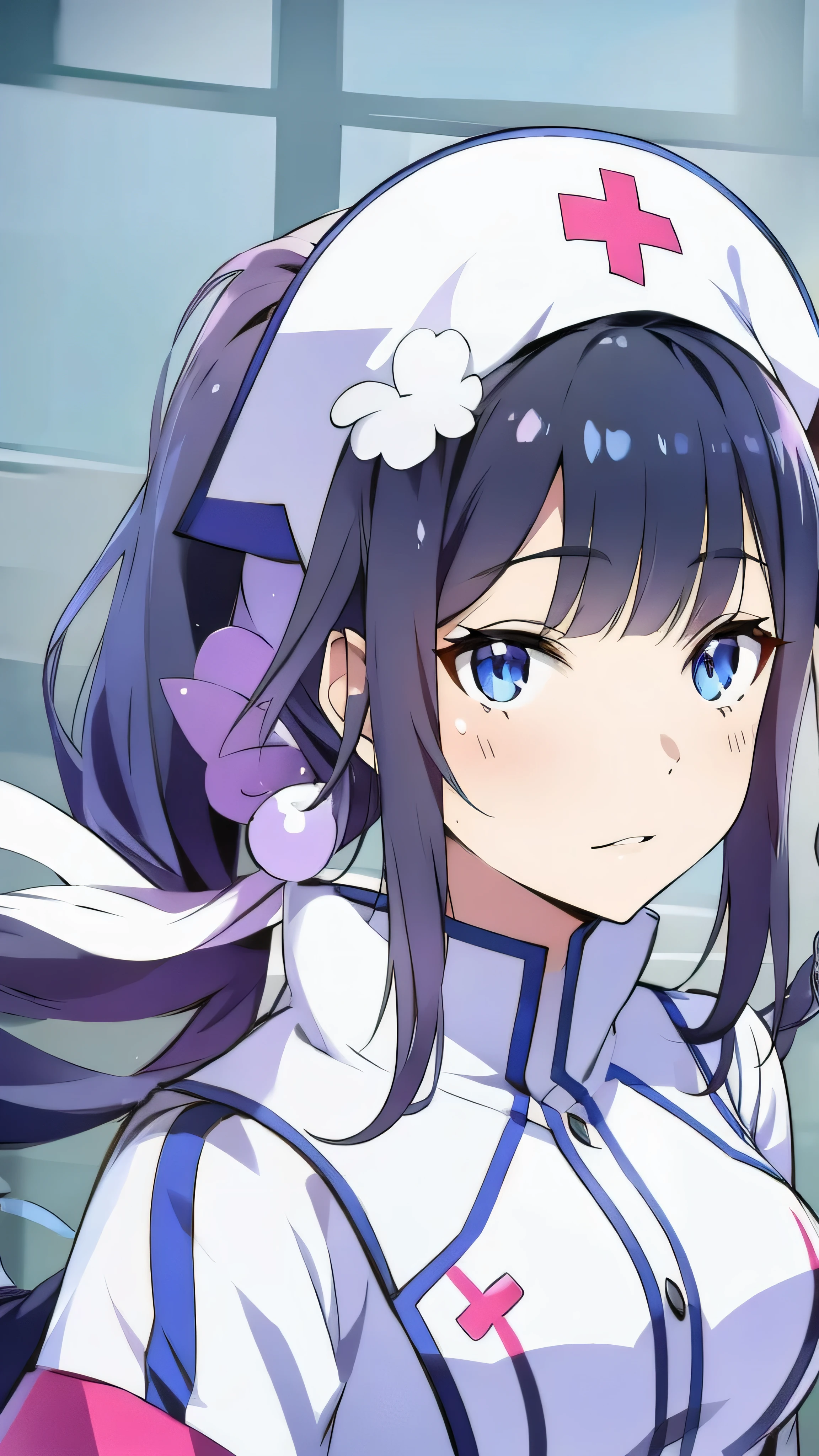 ((Highest quality, 8k, The pieces fly: 1.3)), beauty, One Japan, nurse, whole body, Perfect Anatomy, Are standing, Black Hair, Blunt bangs, Low ponytail, 20-year-old, Face Focus, Detailed face, Highly detailed lips, Beautiful Eyes, Sweaty skin: 1.2, nurse uniform, Light blue dress, nurse