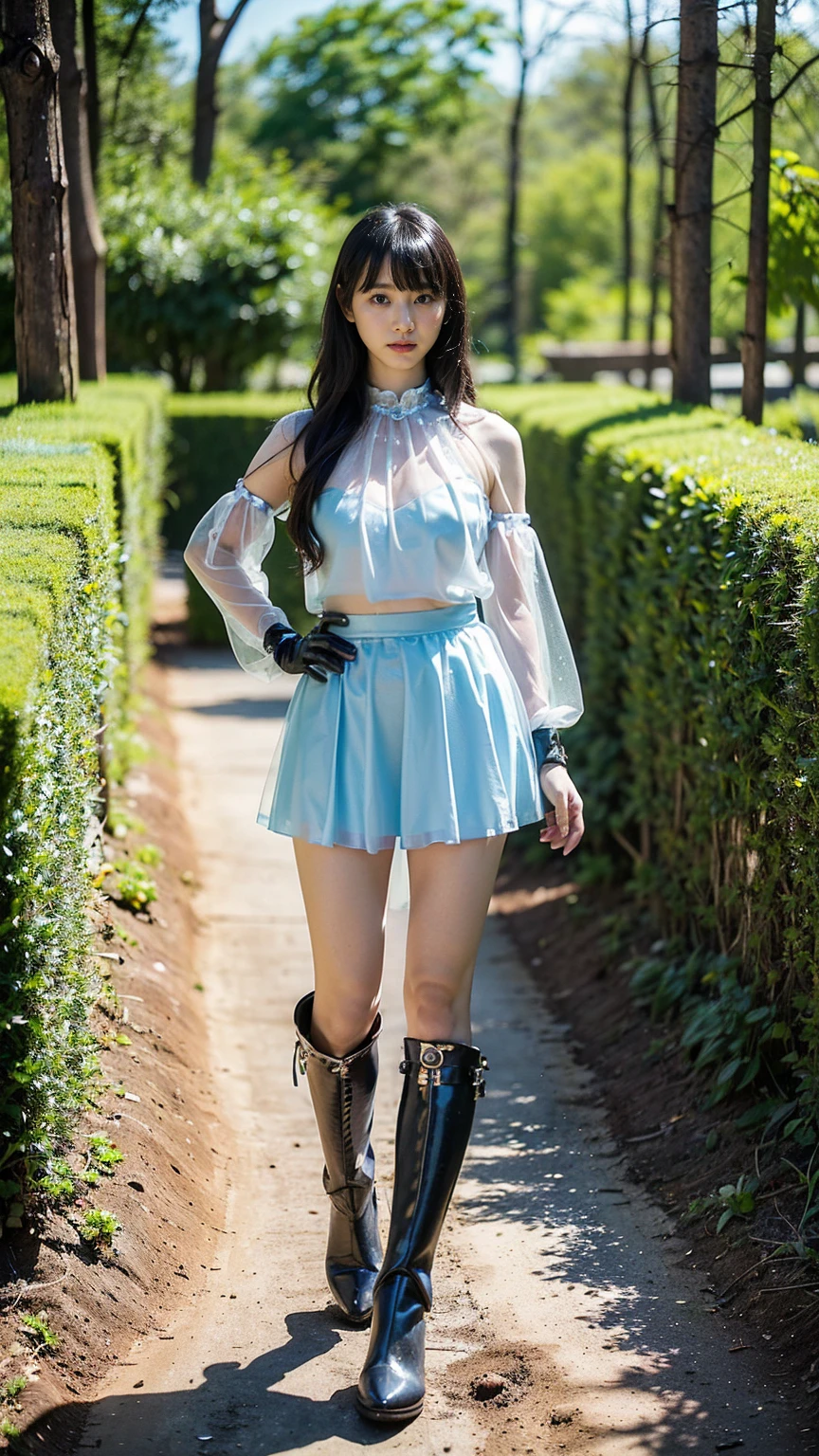 (8k、RAW Photos、Highest quality、masterpiece:1.2)、(Realistic、Realistic)、1 person、((Black and light blue mini skirt、Fantasy、Warrior Armor、Ice Magic、See-through、garden、garden、Breast enlargement、boots、cool、Thin legs、whole body、View from the front、Looking into the camera、Stand with hands on hips))、cute