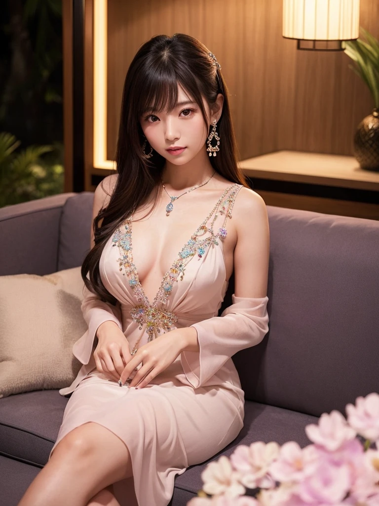She is one of the very beautiful Japanese women sitting in the night lounge wearing a pale pastel cocktail dress with high-exposure jewels sewn on it.、