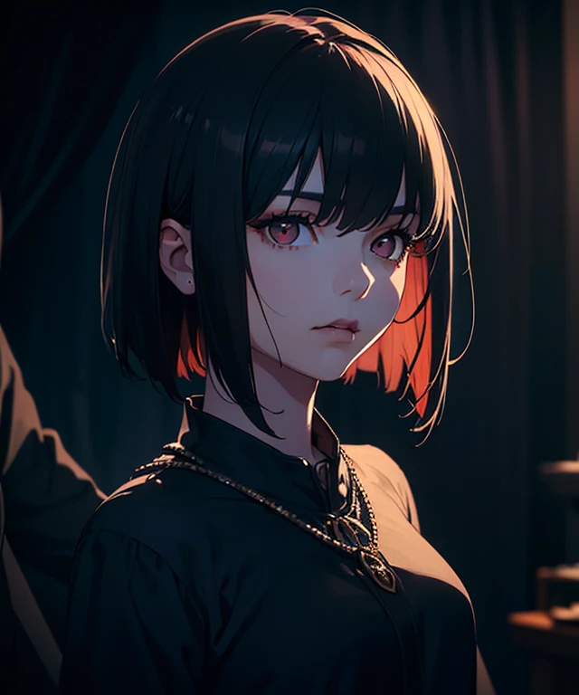 (high quality: 1.3), Cinematic shots, masterpiece, (Sharp focus: 1.5), (Realistic: 1.3), Medium portrait (Beautiful young vampire woman, Pale skin, Gothic, Still proud、intense, Straight black short bob hair, Dark look, Wearing a very finely crafted dark tunic, Dark atmosphere, but、Sculpting shapes with sharp chiaroscuro), It's night, (Highly detailed skin), (Detailed face), Detailed Background, Dim lighting, dusk lighting, Volumetric lighting, Intricate details, Ultra-high resolution,
