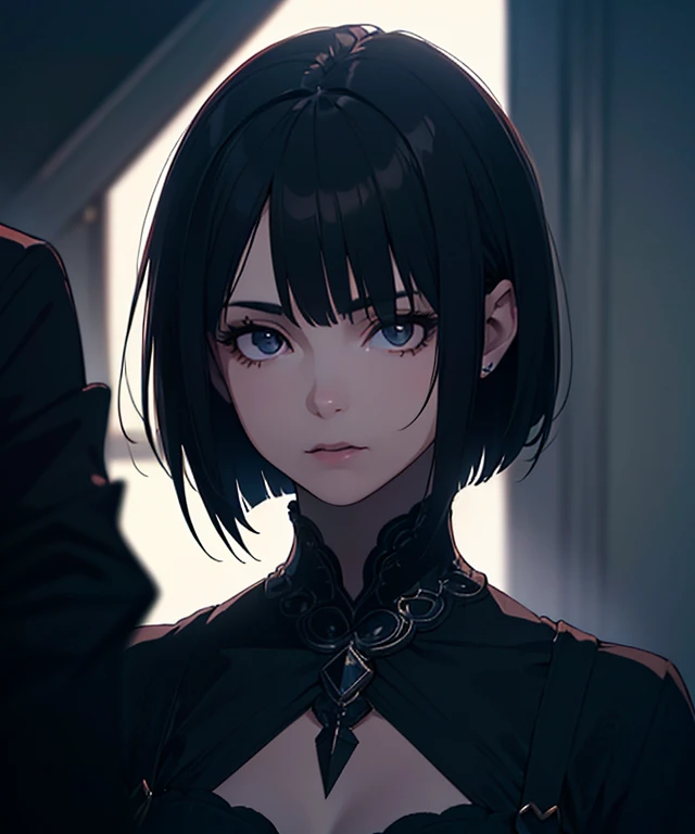 (high quality: 1.3), Cinematic shots, masterpiece, (Sharp focus: 1.5), (Realistic: 1.3), Medium portrait (Beautiful young vampire woman, Pale skin, Gothic, Still proud、intense, Straight black short bob hair, Dark look, Wearing a very finely crafted dark tunic, Dark atmosphere, but、Sculpting shapes with sharp chiaroscuro), It&#39;s night, (Highly detailed skin), (Detailed face),  Detailed Background, Dim lighting, dusk lighting, Volumetric lighting, Intricate details, Ultra-high resolution,