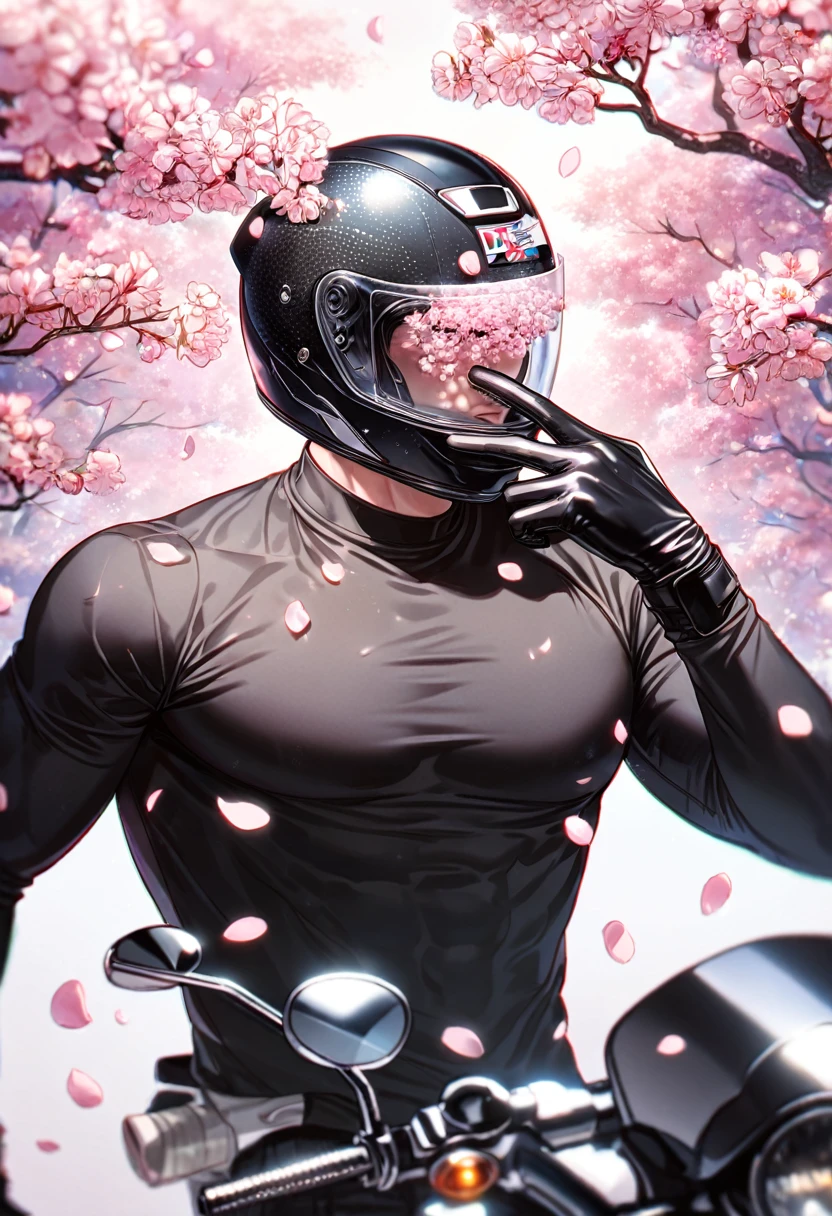absurdres, highres, ultra detailed, HDR, master piece, best quality, extremely detailed face, delicated features, Kang Woojin, Love Jinx, wearing a black motorcycle helmet that hides his entire face, solo, sexy man, handsome, sensual, black tight T-shirt, toned, black gloves, cherry blossoms, pink flowers, pink butterflies, pink petals, park