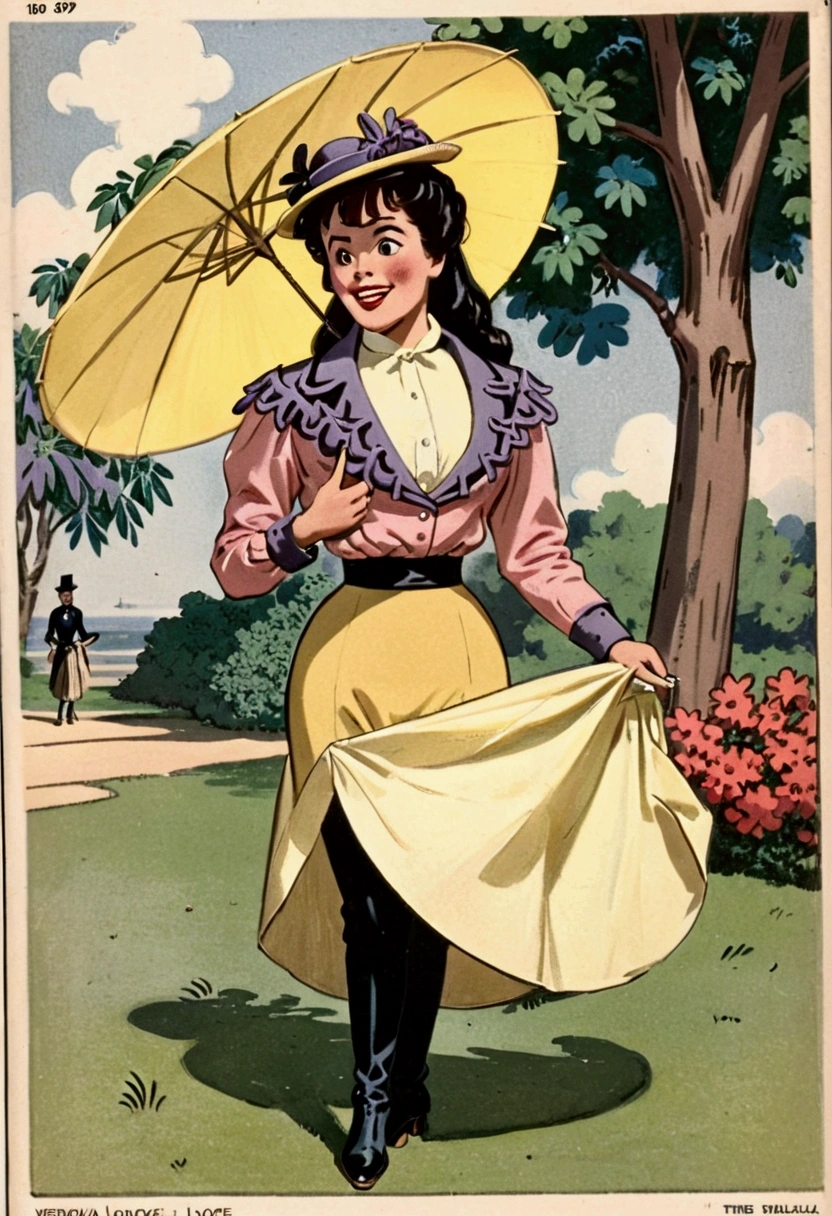 Year 1899. Veronica Lodge as an attractive, slutty **** brunette socialite daintily carrying a parasol, pinky finger raised. Yellow 1890_dr3ss and hat. High-collar long sleeve shirtwaist, long skirt. Lifting her skirts, revealing her petticoats, stockings and boots 