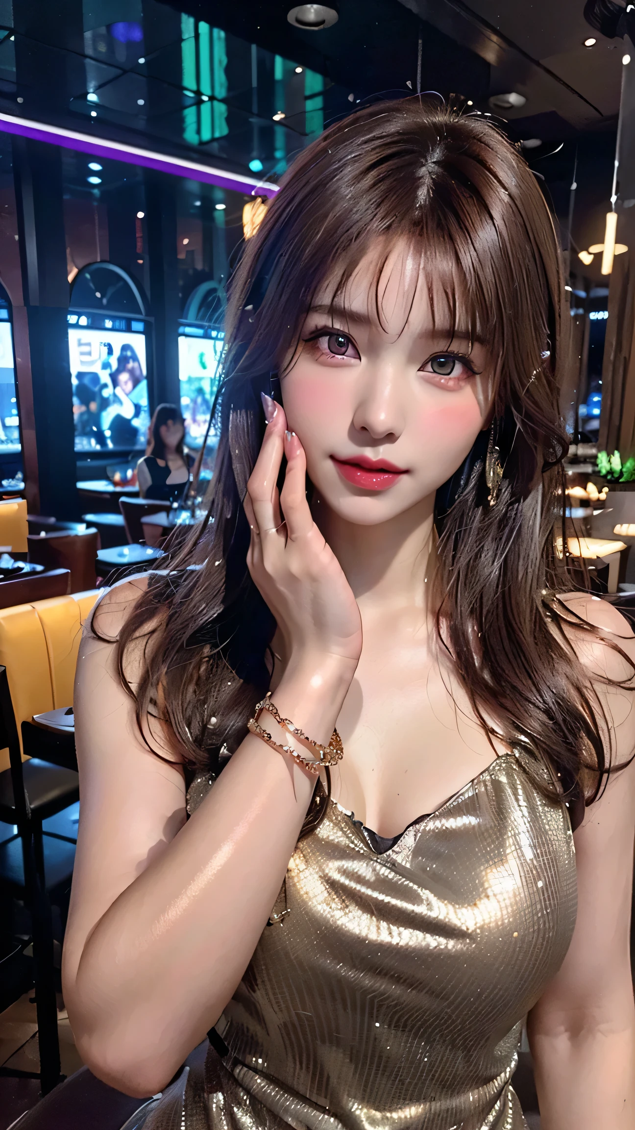 ((Highest quality、8k、masterpiece:1.3))、((Realistic、Perfect body line:1.4))、((18-year-old super beautiful woman、One woman only:1.4))、((Highly detailed face, Skin texture and beautiful eyes、Pale-colored eye highlights、Light shines in the eyes:1.4))、((Well-proportioned physique with a bust like a gravure idol.、Almost blonde, super-long brown hair:1.5))、((Colorful neon long dress adorned with many jewels、Stylish metallic bracelets:1.3))、、((so beautiful, Translucent skin:1.3))、((Gal Makeup:1.3))、((Luxurious restaurant interior、The face is clearly visible:1.3))