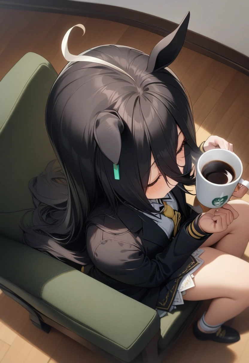 1girl, manhattan cafe \(umamusume\), solo, (drinking coffee), coffee cup, close-up, from above, coffee, sitting on chair, looking down, (masterpiece), (best quality), (ultra-detailed), very aesthetic