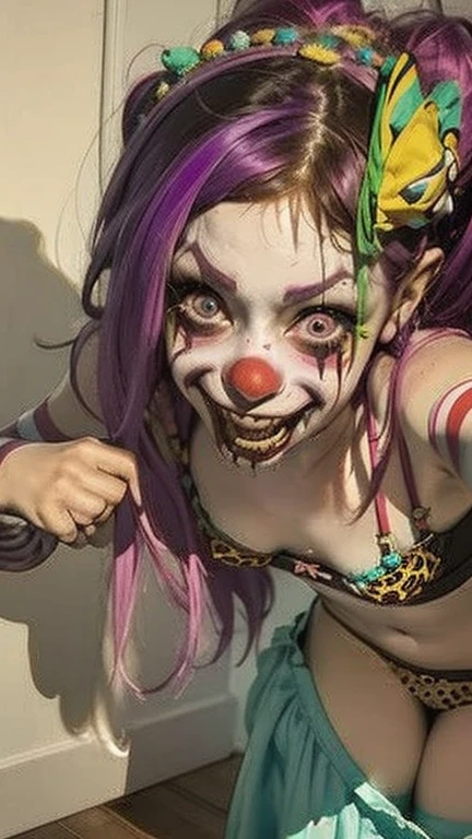 Gruesome and spooky details、An atmosphere full of suspense and tension、Psychological horror、Cute Smile、Clowns and circus atmosphere、A terrifying moment、Psychedelic dream scenario、Alice in Wonderland、Enthusiastic atmosphere、Mischievous Smile、Expressive gestures、Comical movement、Rainbow Hair、Leopard print underwear,sexy,Small bra and panties、
