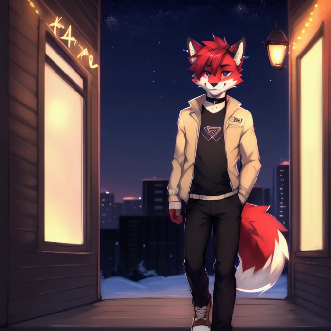 (Artist by zackary911, 8k, high quality, detailed eyes and fur, night, residents background), solo, male fox, anthro, red satured fur, red body, male body, purple eyes, black ears, red hair, short hair, hair cover eye, hands white, choker, eyeliner black, beige jacket, black shirt, alone, without group, without doubles, full length, completely complete everything. smiling, in the field