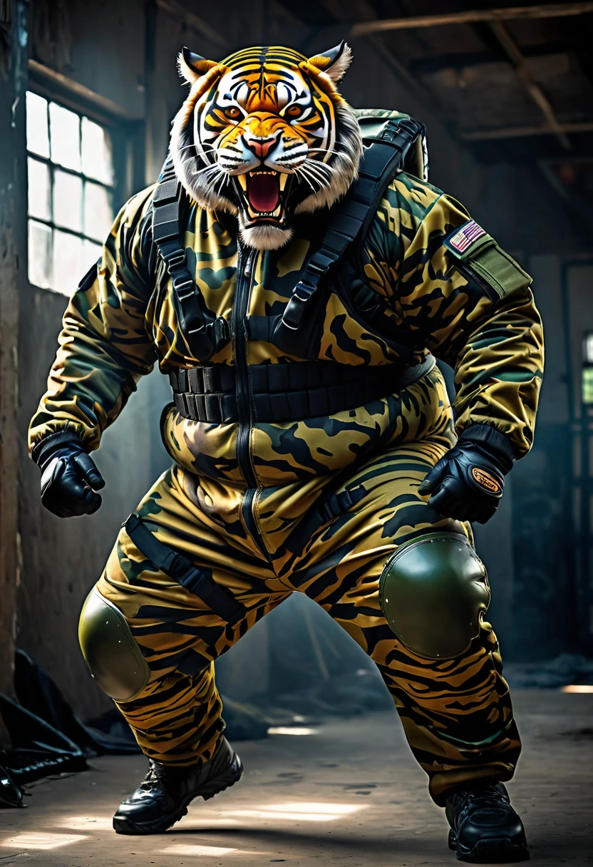 (a dark-skinned fat muscular old man in a bulky army camouflage zipper diver suit) carrying an AK-47, (wearing realistic roaring tiger mask), dynamic action pose, fierce expression, showcasing an imposing stature, surrounded by military elements, dramatic shadows and intense highlights, cinematic color tones, high detail, powerful, art influenced by Bruce Onobrakpeya and Stanley Artgerm, ultra-detailed, best quality image, action-packed atmosphere. fighting stance
