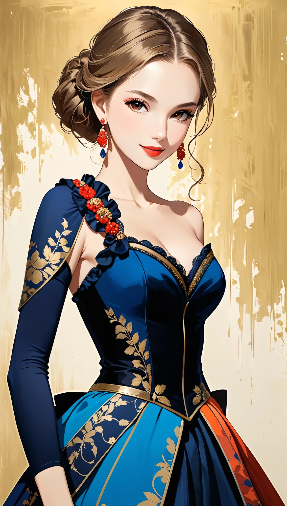 in style of Hans Hartung,in style of Camille Corot-【Thick brushstrokes】-,in style of Carolina Herrera-【Gorgeous clothing designer】-
(1girl character conceptual design,half body),gravure_pose,smile,(single sleeve:1.5),printed trim,more lively color matching,Absurd artistic,dynamic balance,[gothic | future | rococo | baroque dress],dynamic posture