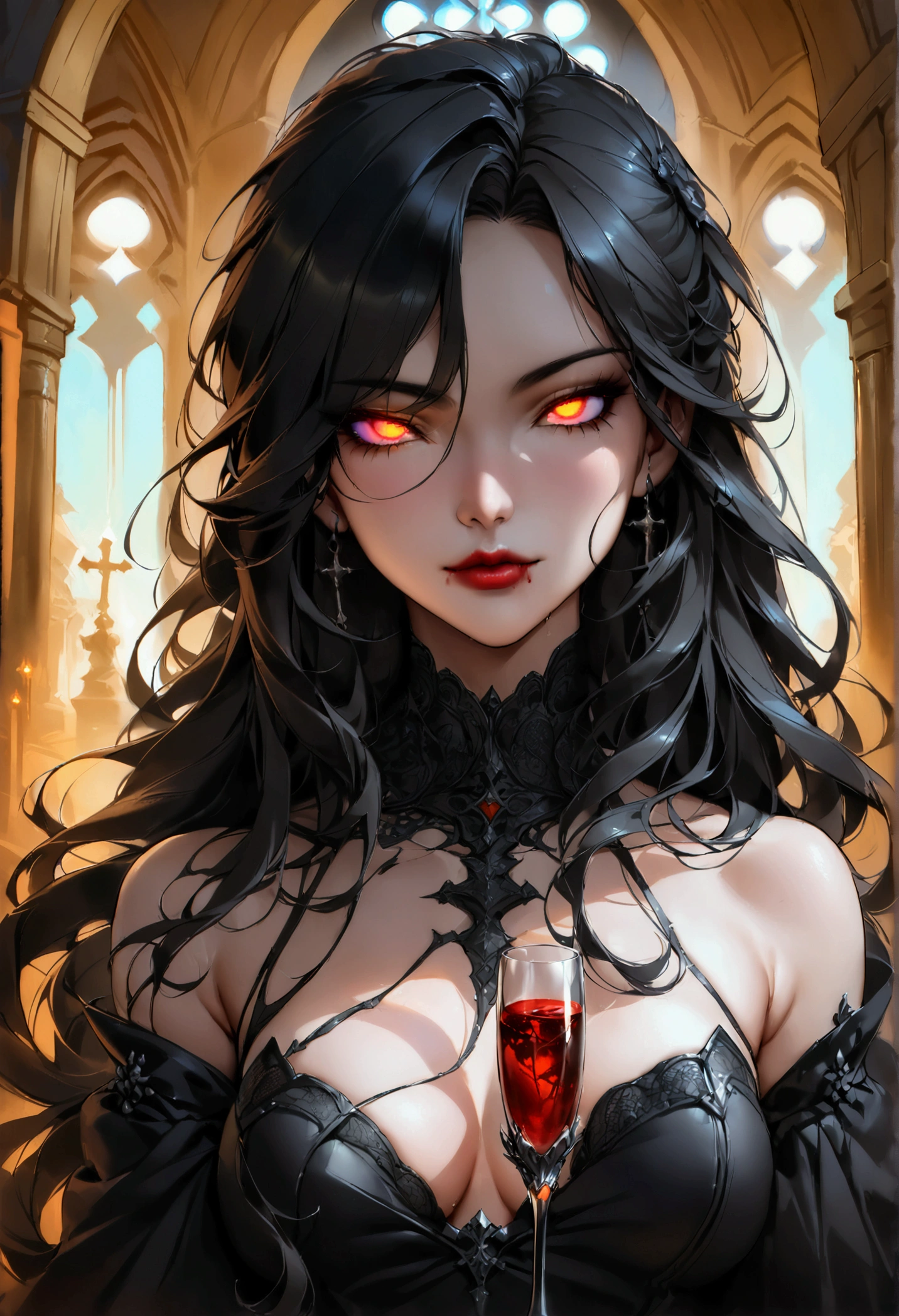Arafed, dark fantasy art, glamour shot, award winning shot, photorealistic, a portrait of a female vampire drinking a ((glass of blood)), dynamic hair color, dynamic hair style , long hair, red lips, (glowing eyes: 1.5), dynamic eye color, dynamic color, she wears, an elegant (black dress: 1.5), catholic church and altar background, bar background, 16k, ultra detailed, masterpiece, best quality, (extremely detailed), rpg portrait, art by mooncryptowow, photograph