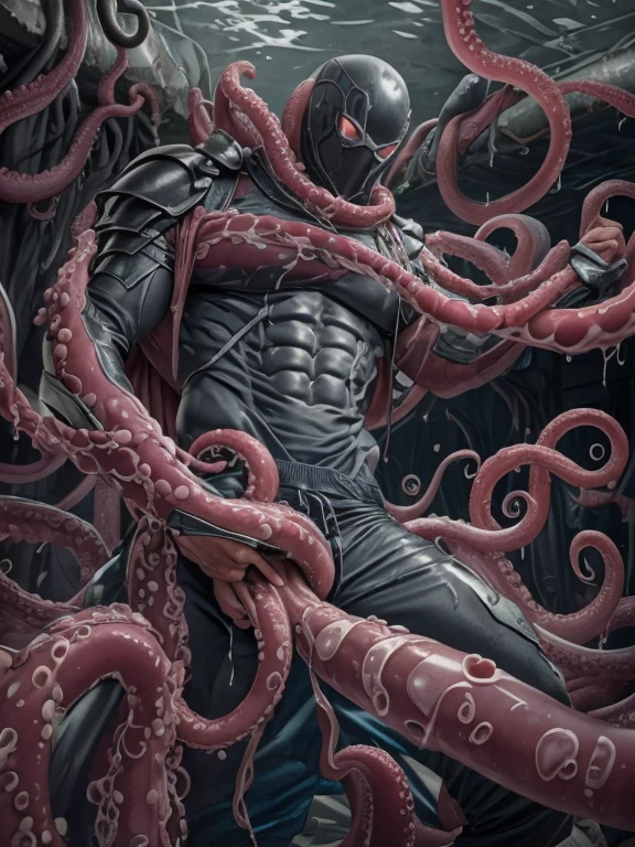 Superhero, hero, strong and robust male, Armor, Tentacle entanglement, uniform, Binding hands togethe, Foreign object invasion, monster breeding, wet, slime, tentacles, slimy tentacles, monster and human breeding, Tentacles wrapped around the body, Insert tentacles into the body, Blocked mouth by tentacles, Both hands are bound, The reproductive organs are covered in tentacles, The chest was torn apart by tentacles, Tentacles penetrate deep into clothes, Wearing pants completely, Complete wearing of trousers,  Complete wearing of trousers, Do not expose the reproductive organs