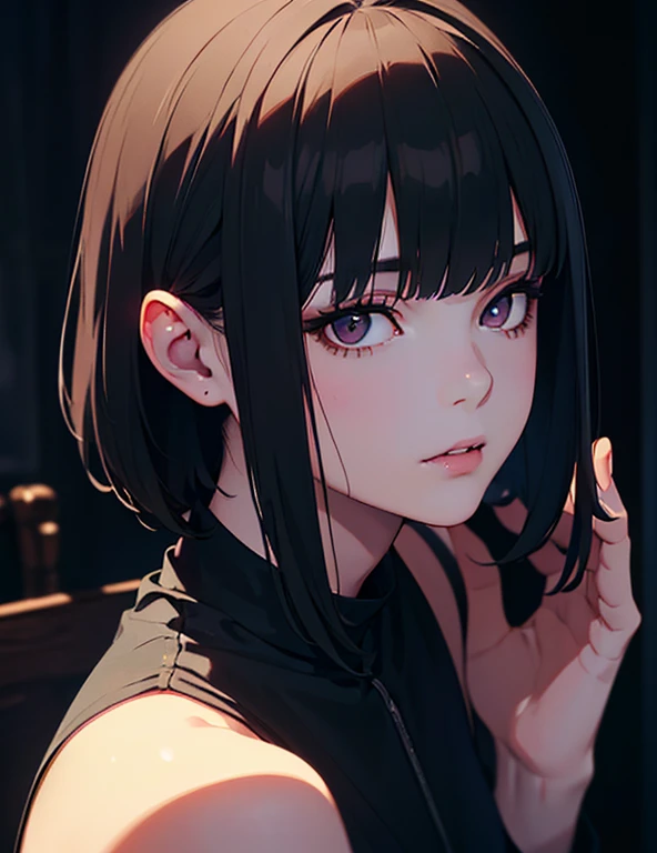(high quality: 1.3), Cinematic shots, masterpiece, (Sharp focus: 1.5), (Realistic: 1.3), Medium portrait (Beautiful young vampire woman, Pale skin, Gothic, Still proud、intense, Straight black short bob hair, Dark look, Wearing a very finely crafted dark tunic, Dark atmosphere, but、Sculpting shapes with sharp chiaroscuro), It's night, (Highly detailed skin), (Detailed face), Detailed Background, Dim lighting, dusk lighting, Volumetric lighting, Intricate details, Ultra-high resolution,