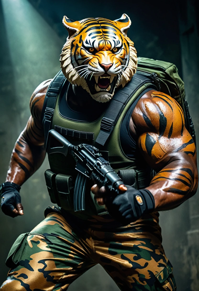 (a dark-skinned fat muscular old man in a bulky army camouflage zipper diver suit) carrying an , (wearing realistic roaring tiger mask), dynamic action pose, fiercession, showcasing an imposing stature, surrounded by military elements, dramatic shadows and intense highlights, cinematic color tones, high detail, powerful, art influenced by Bruce Onobrakpeya and Stanley Artgerm, ultra-detailed, best quality image, action-packed atmosphere. fighting stance
