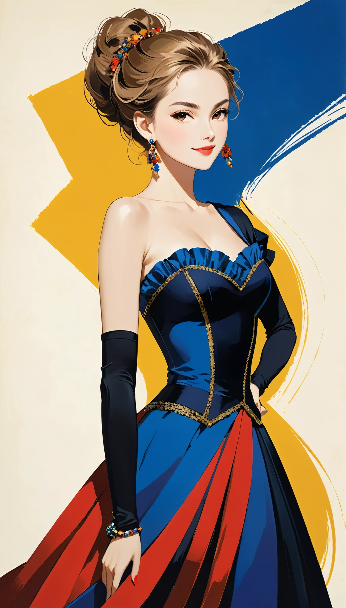 in style of Hans Hartung,in style of Camille Corot-【Thick brushstrokes】-,in style of Carolina Herrera-【Gorgeous clothing designer】-
(1girl character conceptual design,half body),gravure_pose,smile,(single sleeve:1.5),printed trim,more lively color matching,Absurd artistic,dynamic balance,[gothic | future | rococo | baroque dress],dynamic posture