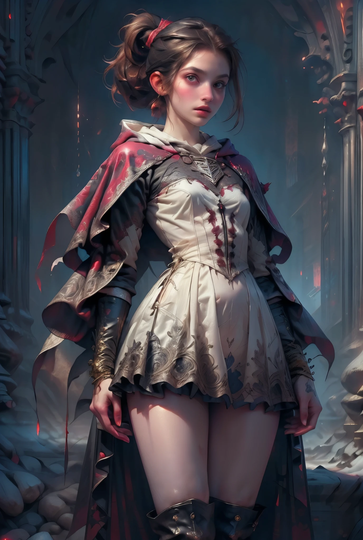 (((masterpiece, of the highest quality, super detailed))), hand drawn style, hand painted style, watercolour, sketch, a knight, white background, plain background, Bloodborne inspired, tatty Bloodborne attire, occult aesthetic, occult, tatty red and white clothing detailed and intricate steampunk and detailed gothic lolita (with a hood), long coat, very thin long legs, Complex laced boots, Fluttering lace flared dress with frilly petticoats, petticoats gothic lolita aesthetic, beautiful small breasts, (((( Highly detailed face))), small thin nose, Small thin lips mouth, (((Very sharp focused eyes))), Very large slit precision pale grey eyes that shine like jewels. ((dark hair)), ((long ponytail, thick ponytail, heavy ponytail)), very long eyelashes, white background, Very dramatic and cinematic lighting, tatty damaged old red and white clothing, full body, whole body, body, cosmic horror, grim dark