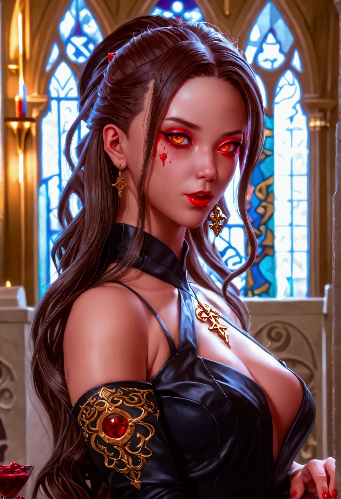 Arafed, dark fantasy art, glamour shot, award winning shot, photorealistic, a portrait of a female vampire drinking a ((glass of blood)), dynamic hair color, dynamic hair style , long hair, red lips, (glowing eyes: 1.5), dynamic eye color, dynamic color, she wears, an elegant (black dress: 1.5), catholic church and altar background, bar background, 16k, ultra detailed, masterpiece, best quality, (extremely detailed), rpg portrait, art by mooncryptowow, photograph