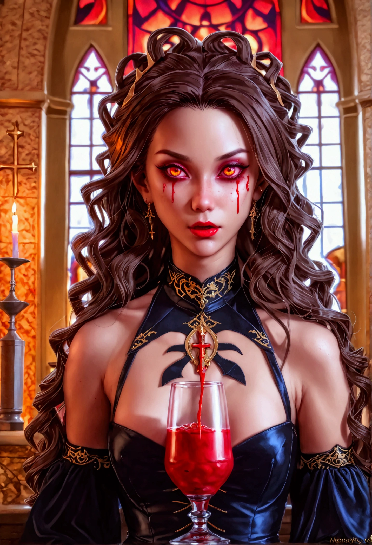 Arafed, dark fantasy art, glamour shot, award winning shot, photorealistic, a portrait of a female vampire drinking a ((glass of blood)), dynamic hair color, dynamic hair style , long hair, red lips, (glowing eyes: 1.5), dynamic eye color, dynamic color, she wears, an elegant (black dress: 1.5), catholic church and altar background, bar background, 16k, ultra detailed, masterpiece, best quality, (extremely detailed), rpg portrait, art by mooncryptowow, photograph