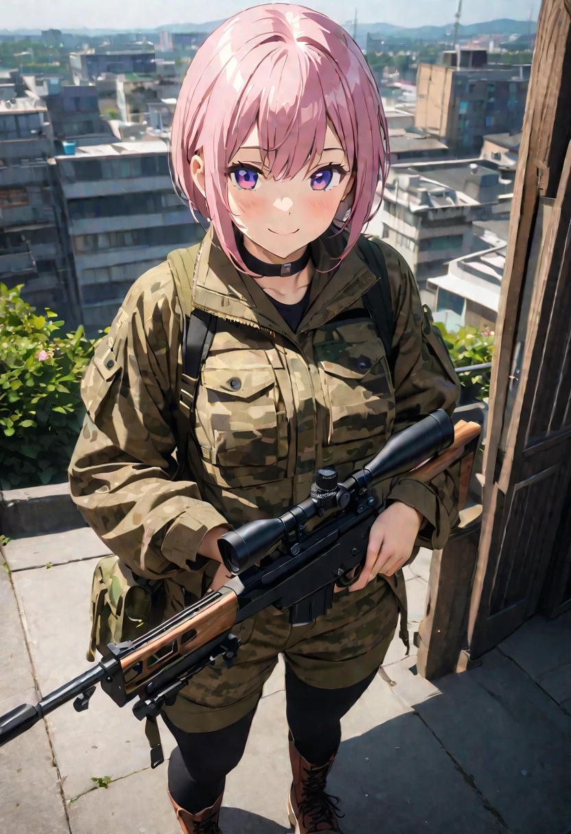 (Highest quality, 4K, 8k, High resolution, masterpiece:1.2), Very detailed, Picturesque, Anime style photo, Photo Anime:1.37)、Japanese、(Pink hair)、(pixie cut)、smile、Black choker、Urban area、Rooftop、Camouflage jacket、Camouflage 、(Camouflage helmet)、Lace-up boots、Sniper Rifle、Full body photography、Nakano Ichika