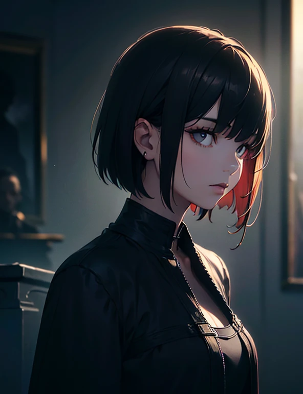 (high quality: 1.3), Cinematic shots, masterpiece, (Sharp focus: 1.5), (Realistic: 1.3), Medium portrait (Beautiful young vampire woman, Pale skin, Gothic, Still proud、intense, Straight black short bob hair, Dark look, Wearing a very finely crafted dark tunic, Dark atmosphere, but、Sculpting shapes with sharp chiaroscuro), It&#39;s night, (Highly detailed skin), (Detailed face),  Detailed Background, Dim lighting, dusk lighting, Volumetric lighting, Intricate details, Ultra-high resolution,