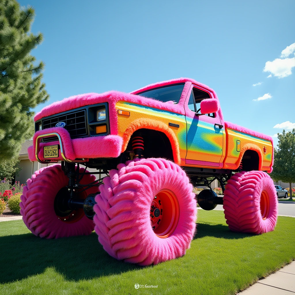 A heavy duty Ford F-250 pickup covered entirely with rainbow colored fur, with the tires covered with pink fur.