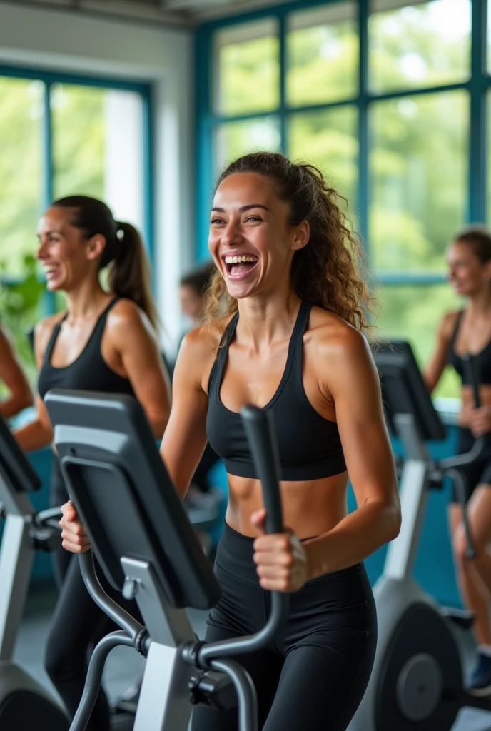 people smiling using an elliptical machine, which is fully visible