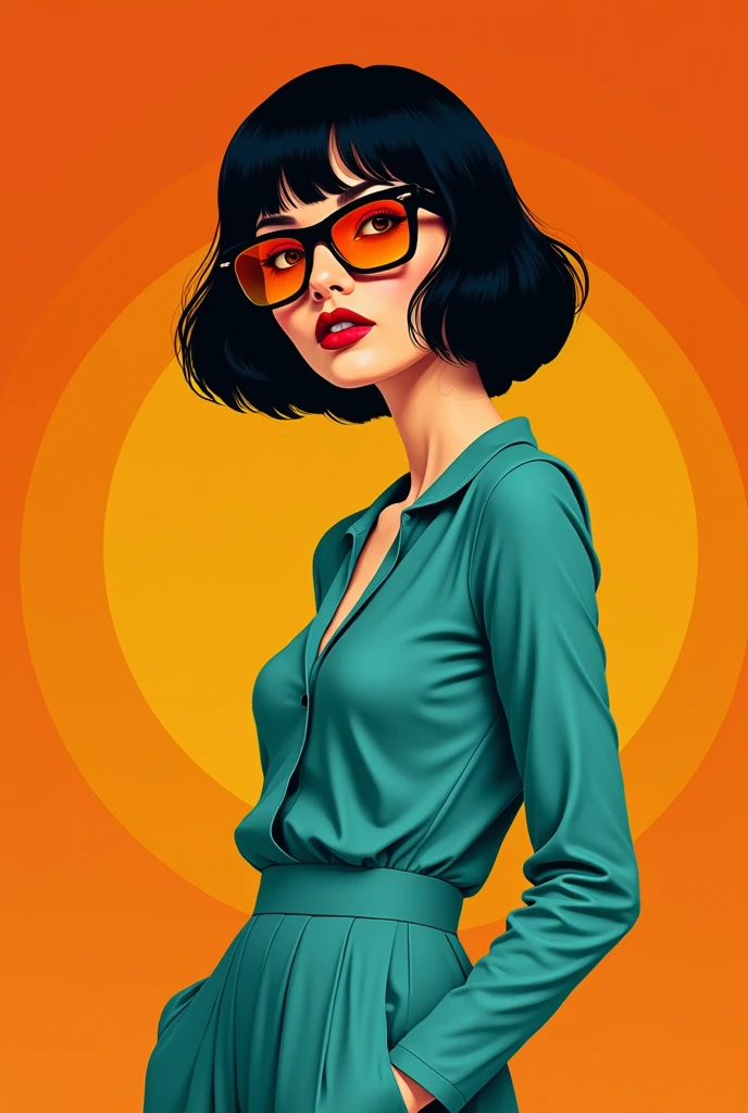 a woman with short black hair,sunglasses,teal outfit,bright orange background,retro illustration,vintage poster design,Hugh Kretschmer,Ross Tran,Fluid Forms,Peter Max,J.C. Le Capitaine,high resolution,best quality,4k,8k,highres,masterpiece:1.2,ultra-detailed,realistic:1.37,photorealistic:1.37,photo-realistic:1.37