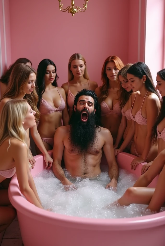 (photorealism:1.2), 12 extremely beautiful young harem girls, sexy nude, big breasts, Pretty perfect faces like kendall jenner and Margot Robbie and young Jennifer Connelly and young Brooke Shields, blonde and redhead straight hair, light skin, all surrounding an aroused ugly fat man with long black untrimmed beard, long black hair, open mouth drooling with sexual pleasure expression on his face, moaning with extreme pleasure, in very large pink Jacuzzi in pink luxurious bathroom of pink palace, realistic, intricate details