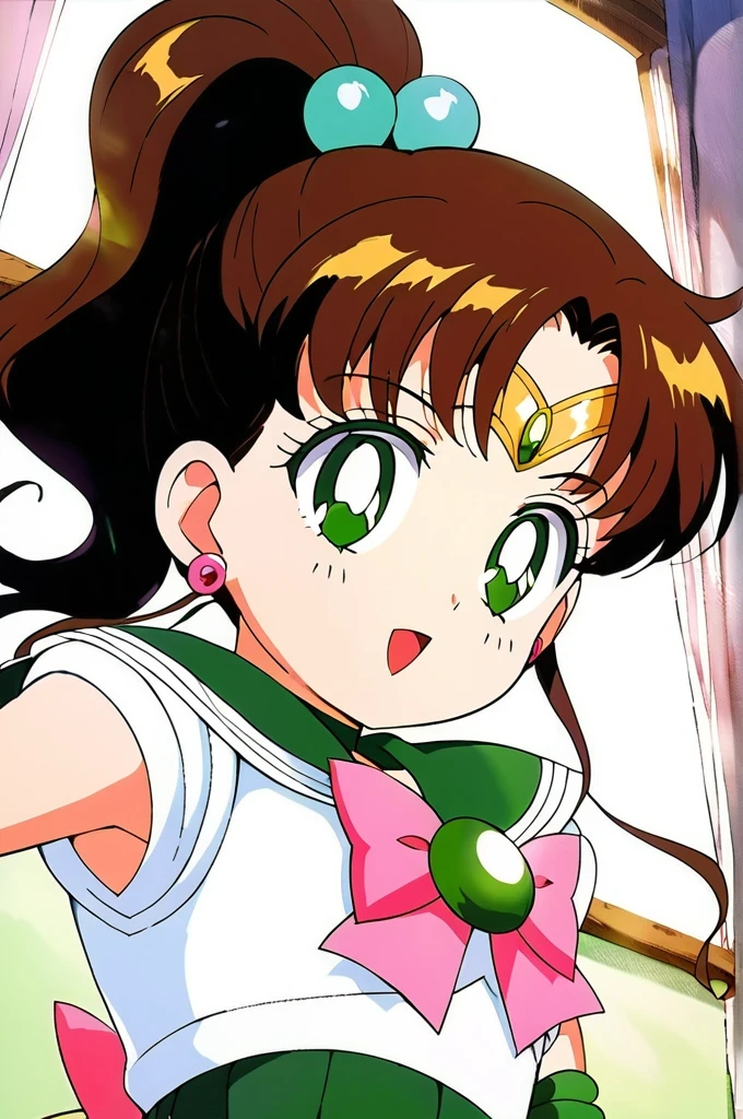 score_9, score_8_up, score_7_up, score_6_up, score_5_up, score_4_up, source_anime, (masterpiece:1.3),(highest quality:1.4),(Super detailed:1.5),8k,High resolution,an extremely delicate and beautiful,Official Art,Perfect Anatomy,(anime_screencap:1.11),(90s anime,90s anime style,Cel-shaded anime:1.47),anime coloring,(1girl:1.5), ((very young child:1.52)),
((aajupiter:1.52)), long hair, ponytail, hair bobbles, tiara, earrings, green eyes, green choker, green sailor collar, pink bowtie, white shirt, white leotard, elbow gloves, white gloves, green skirt, pink bow