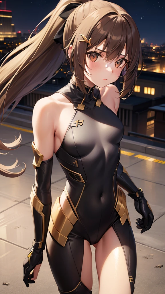 1girl, small breasts, skinny body, long brown hair, ponytail, crescent hair ornament, ((brown eyes)), futuristic combat suit, ((black suit)), bare shoulders, ((green line details)), ((gold line details)), destruction, outdoors, night, destroyed city