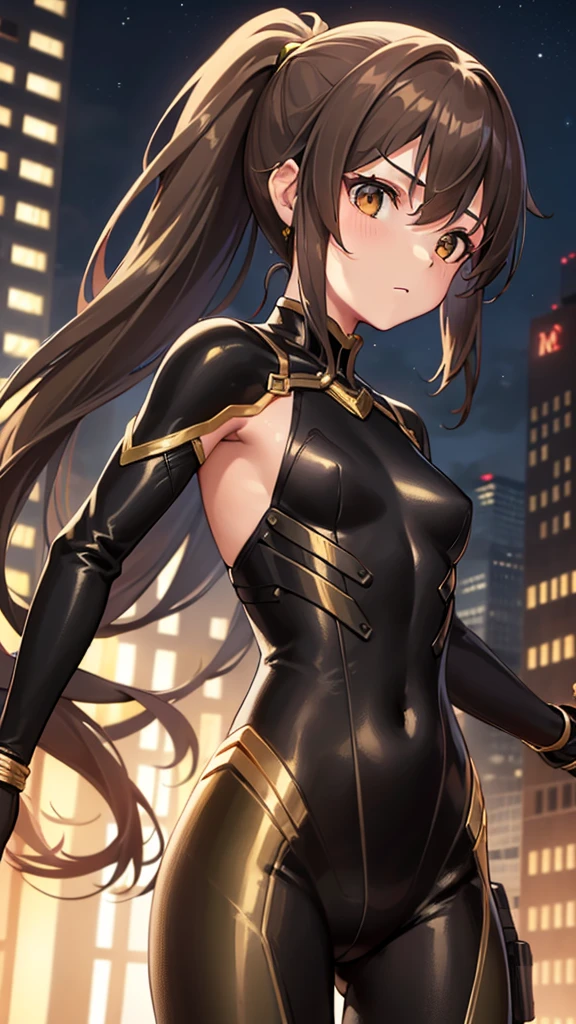 1girl, small breasts, skinny body, long brown hair, ponytail, crescent hair ornament, ((brown eyes)), futuristic combat suit, ((black suit)), bare shoulders, ((green line details)), ((gold line details)), destruction, outdoors, night, destroyed city