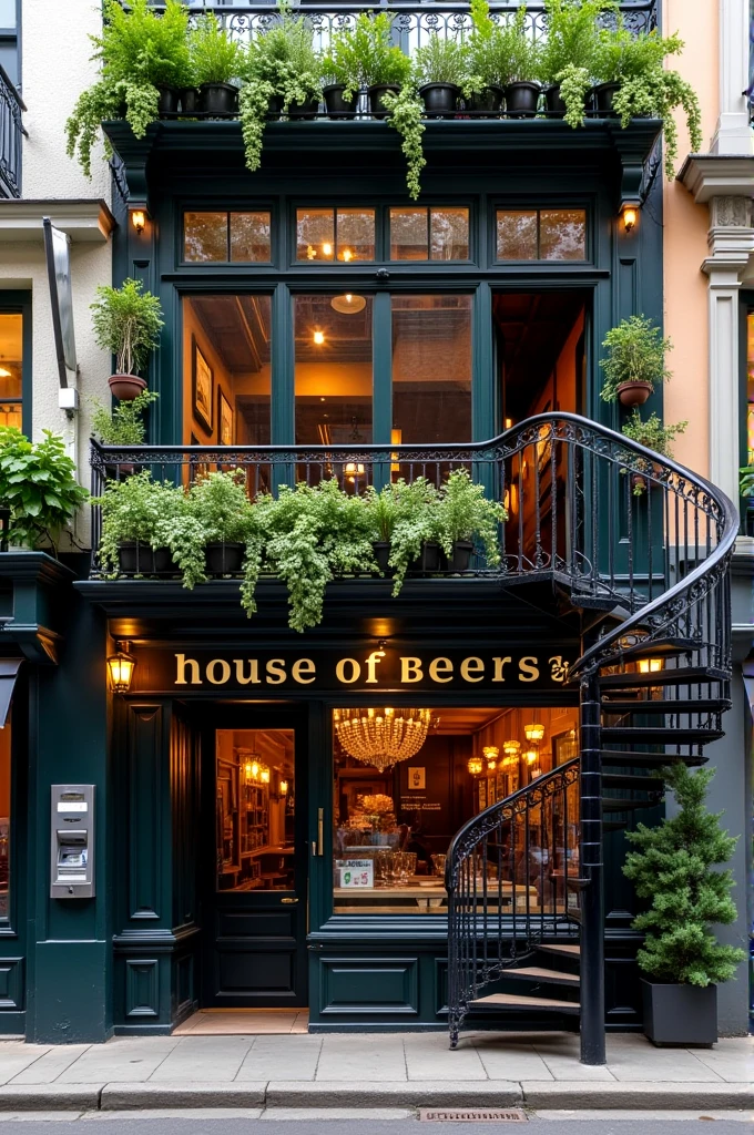 Give a facade photo of a pub named house of beers on first floor having entry from spiral stairs at right side. Ground floor of the building has one shop having toughened glass. First floor is house of beers with toughened glass and entry from iron spiral stairs. Top is also house of beers with ample greenery. Vibes to be visible from the front side of the building. Ground has ATM also