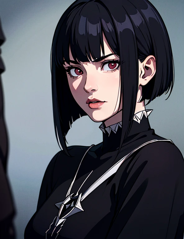 (high quality: 1.3), Cinematic shots, masterpiece, (Sharp focus: 1.5), (Realistic: 1.3), Medium portrait (Beautiful young vampire woman, Pale skin, Gothic, Still proud、intense, Straight black short bob hair, Dark look, Wearing a very finely crafted dark tunic, Dark atmosphere, but、Sculpting shapes with sharp chiaroscuro), It&#39;s night, (Highly detailed skin), (Detailed face),  Detailed Background, Dim lighting, dusk lighting, Volumetric lighting, Intricate details, Ultra-high resolution,